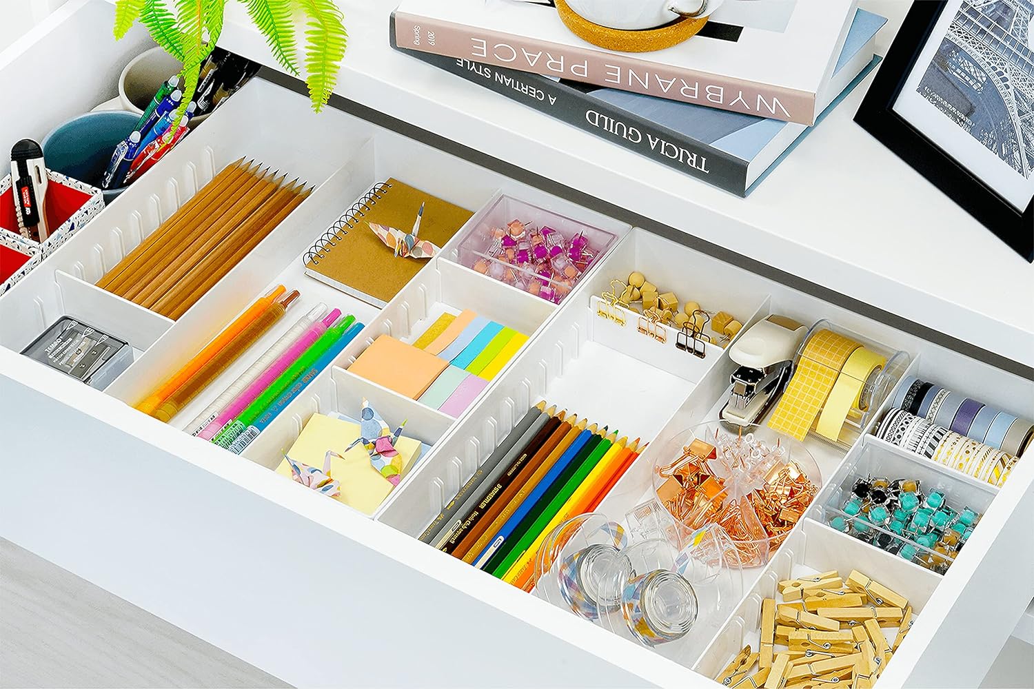 CAXXA 3 Slot Drawer Organizer with 4 Adjustable Dividers - Junk Drawer Storage for Makeup & Vanity, Office Desk Supplies and Accessories (WHITE, 1 PACK) - Image 4